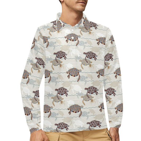 Sea Turtle Pattern Print Design T07 Long Sleeve Polo Shirt For Men's