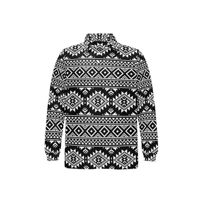 Aztec Black White Print Pattern Long Sleeve Polo Shirt For Men's