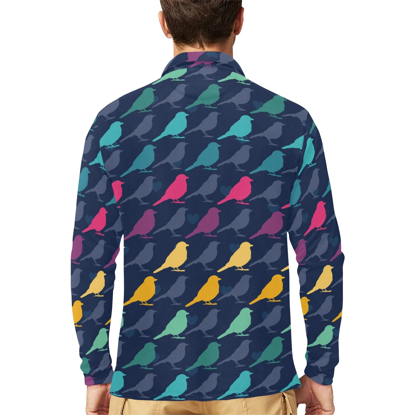 Birds Pattern Print Design 01 Long Sleeve Polo Shirt For Men's