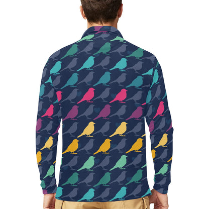 Birds Pattern Print Design 01 Long Sleeve Polo Shirt For Men's