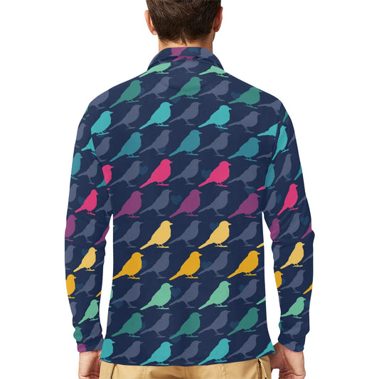Birds Pattern Print Design 01 Long Sleeve Polo Shirt For Men's