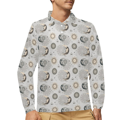 Sun Moon Print Design LKS302 Long Sleeve Polo Shirt For Men's