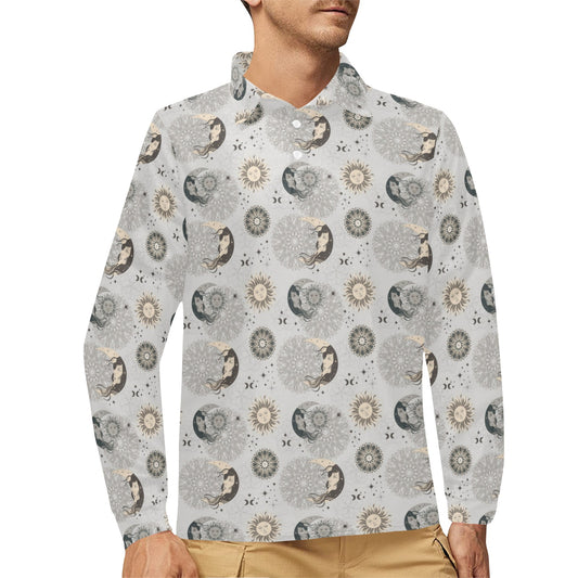 Sun Moon Print Design LKS302 Long Sleeve Polo Shirt For Men's