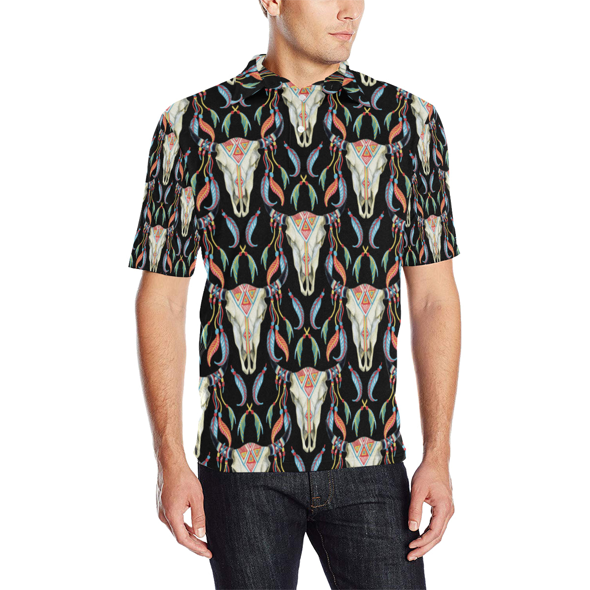 Buffalo Head Boho Style Pattern Print Design 01 Men Polo Shirt