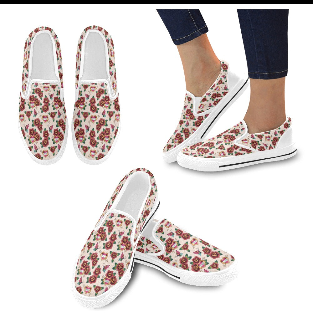 Tattoo Rose Print Design LKS302 White Slip Ons Canvas Women's Shoes