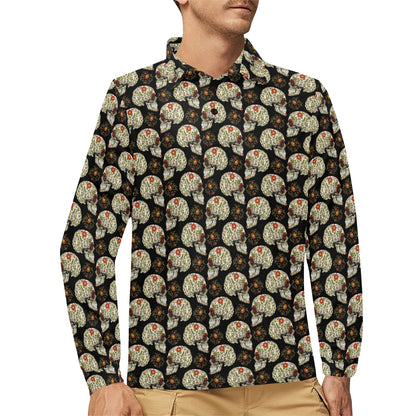 Sugar Skull Flower Design Themed Print Long Sleeve Polo Shirt For Men's