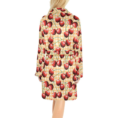 Cherry Orange Plaid Print Women's Fleece Robe