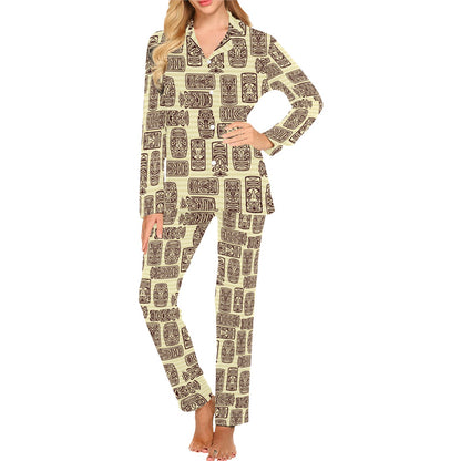Tiki Brown Mask Print Women's Long Pajama Set