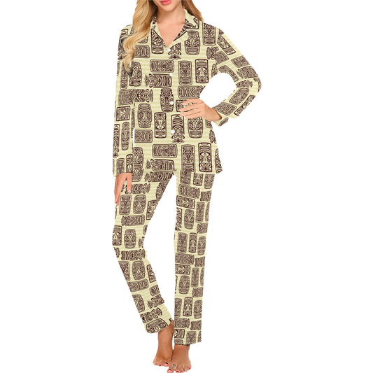 Tiki Brown Mask Print Women's Long Pajama Set