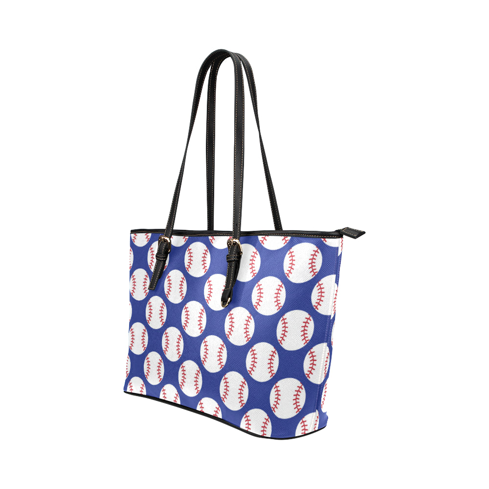 Baseball Blue Background Leather Tote Bag