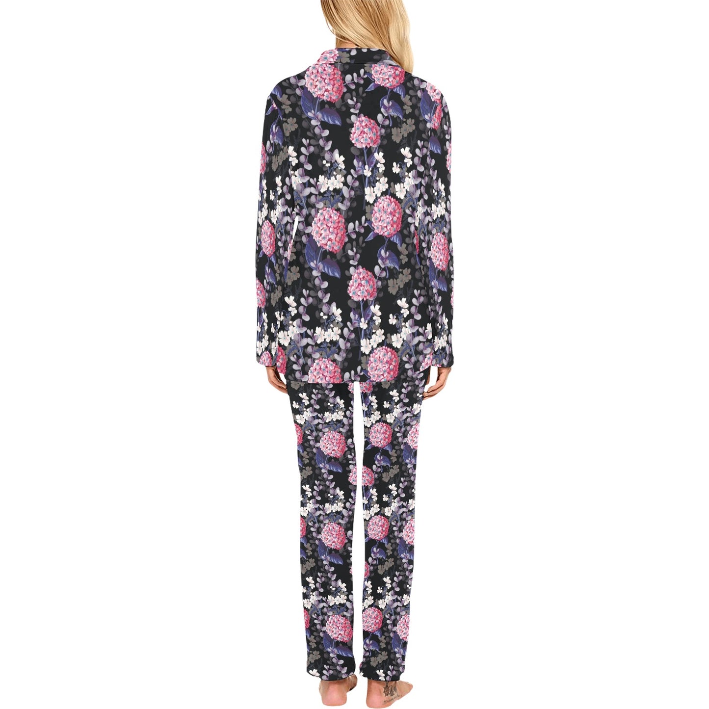 Hydrangea Pattern Print Design HD04 Women's Long Pajama Set