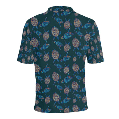 Sea Turtle Hand Drawn Blue Print Men Polo Shirt