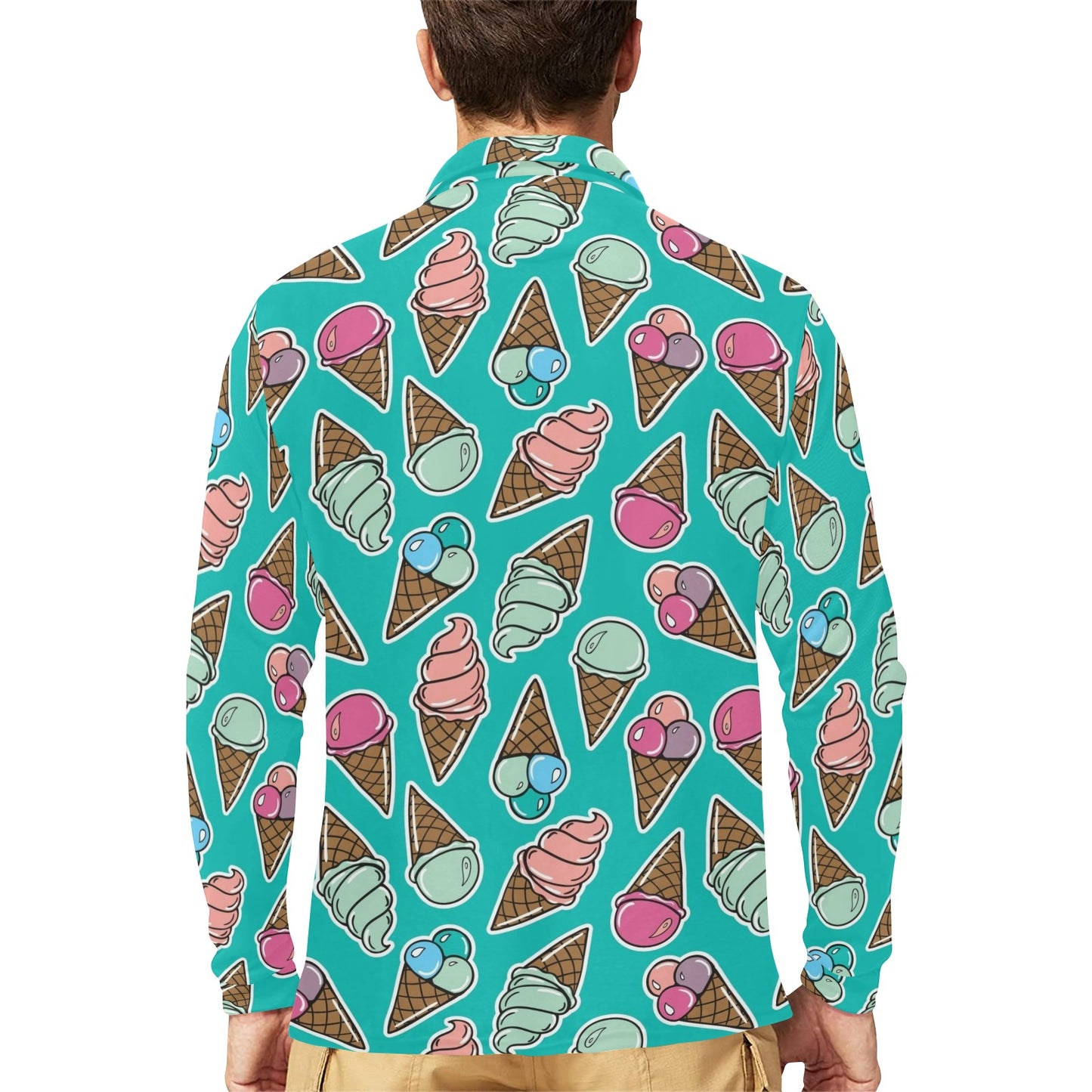 Ice Cream Pattern Print Design IC01 Long Sleeve Polo Shirt For Men's