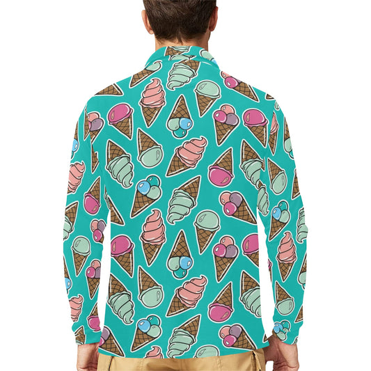 Ice Cream Pattern Print Design IC01 Long Sleeve Polo Shirt For Men's