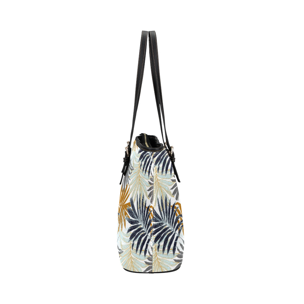 Colorful Tropical Palm Leaves Leather Tote Bag