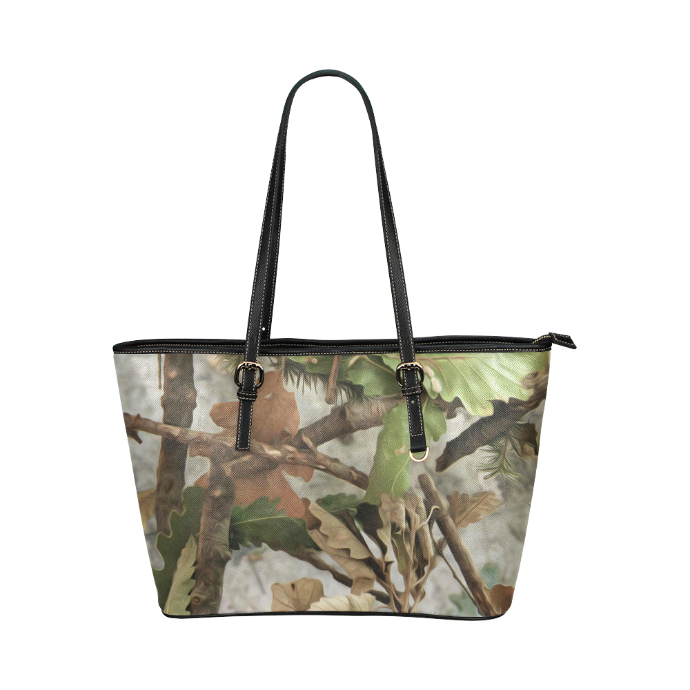 Camo Realistic Tree Forest Print Leather Tote Bag