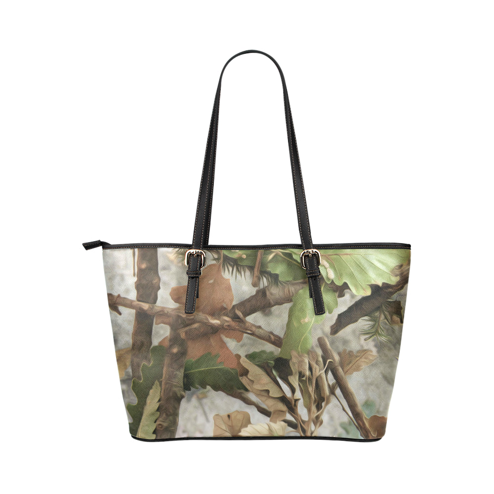 Camo Realistic Tree Forest Print Leather Tote Bag