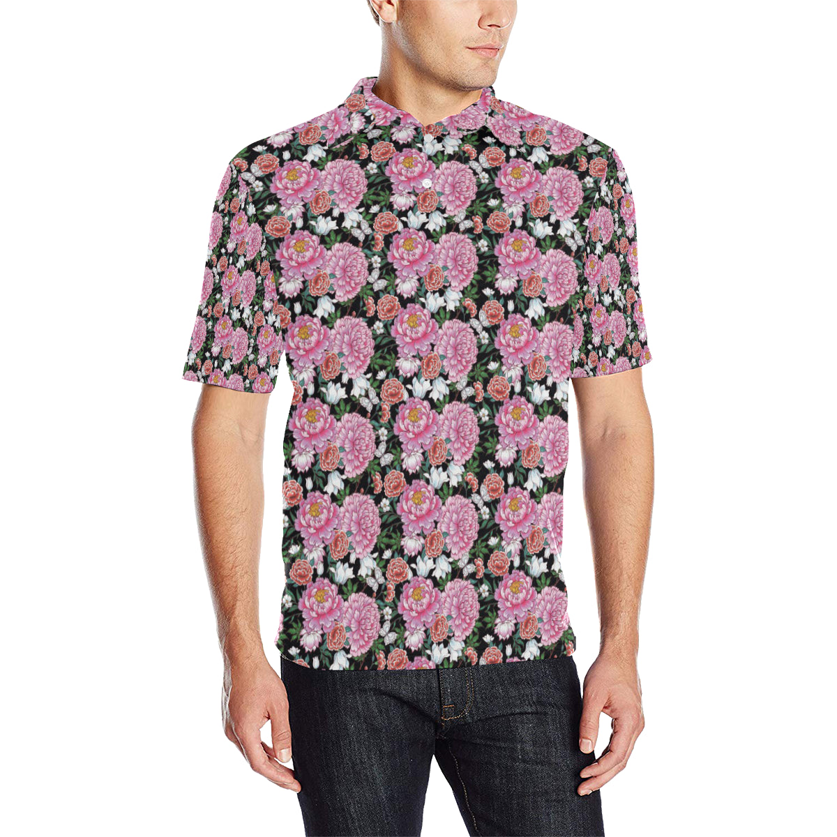 Dahlia Pattern Print Design 02 Men Polo Shirt