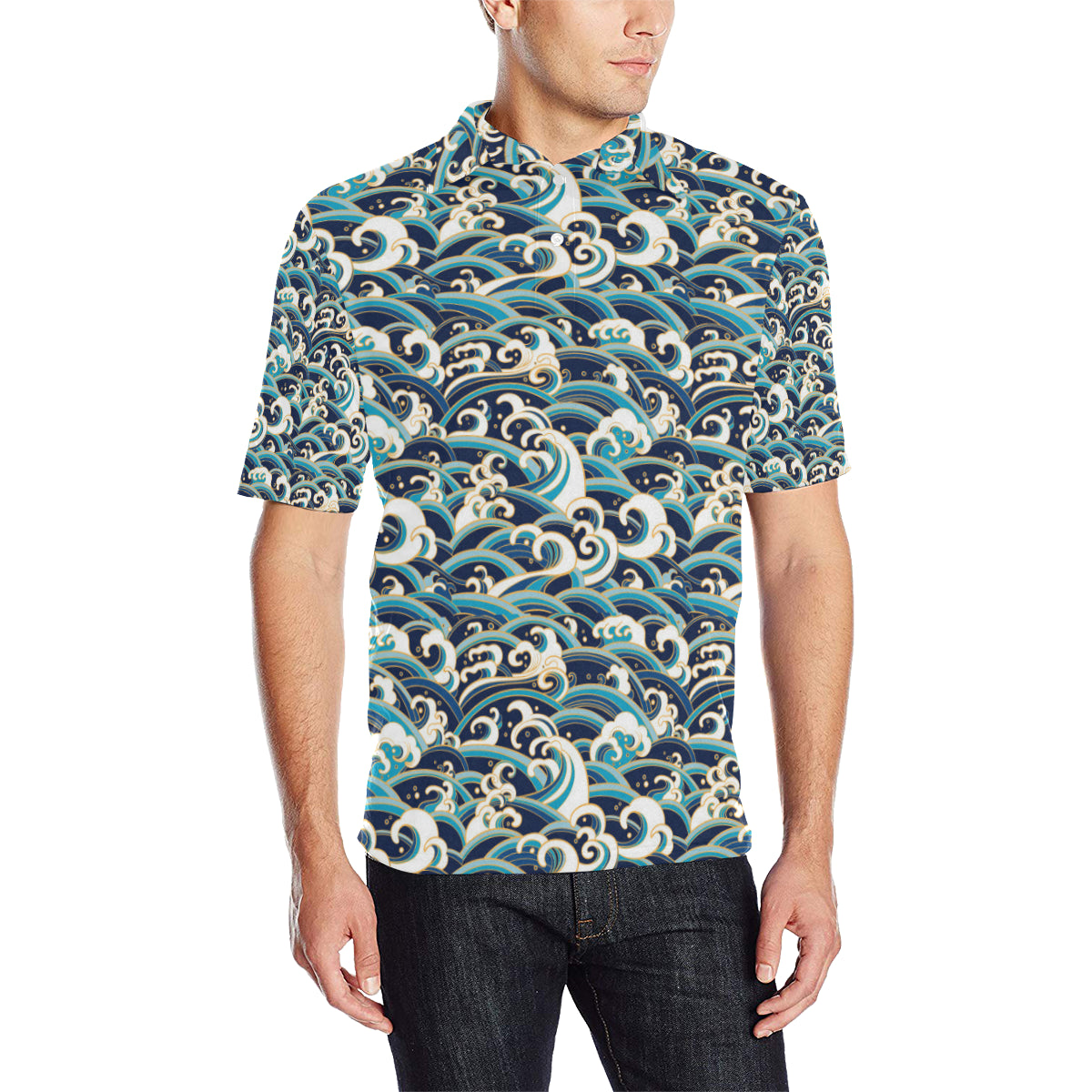 Surf Wave Pattern Men Polo Shirt