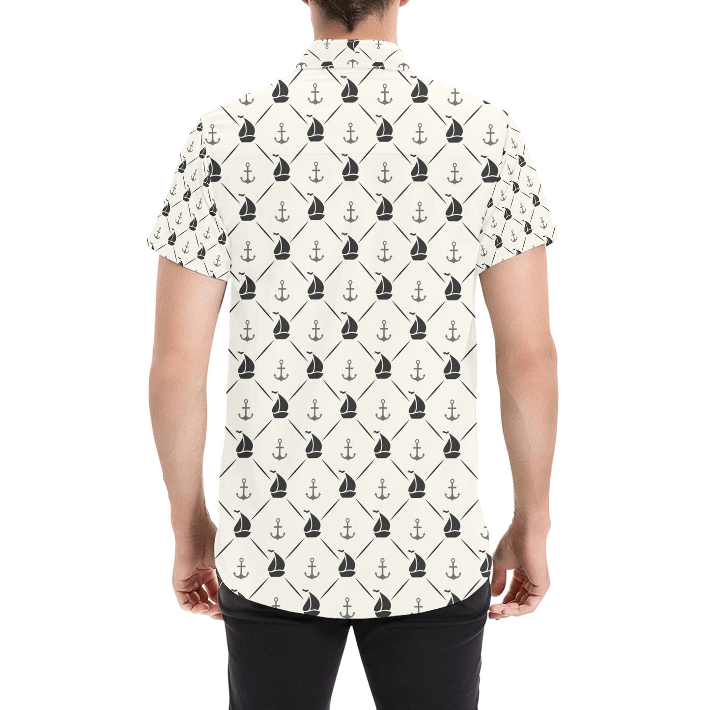 Sailboat Print Design LKS302 Men Short Sleeve Button Up Shirt