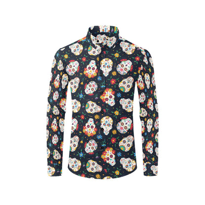 Sugar Skull Print Design LKS305 Men's Long Sleeve Dress Shirt