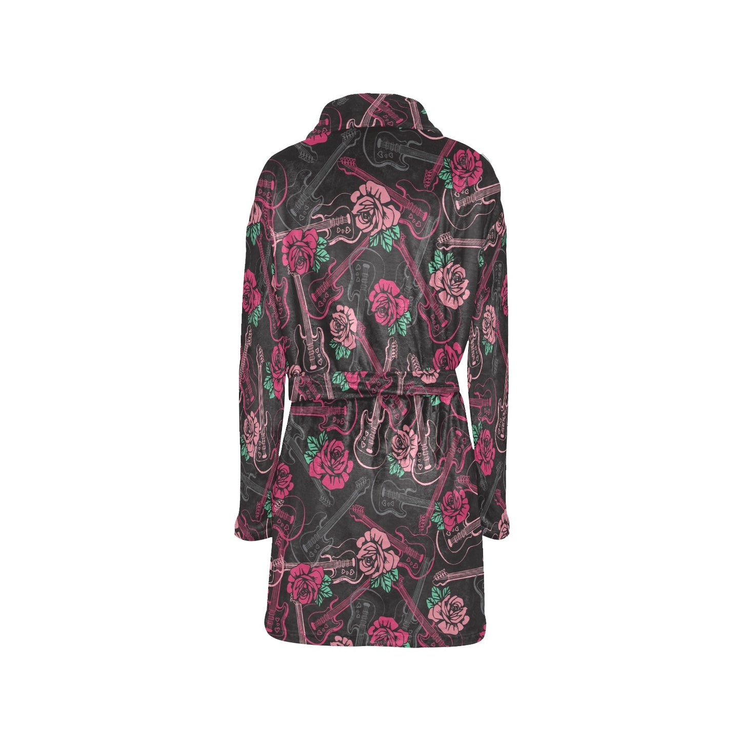 Bass Guitar Pink Rose Pattern Print Design 01 Women's Fleece Robe