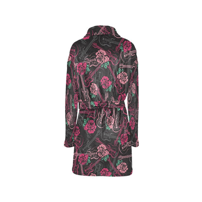 Bass Guitar Pink Rose Pattern Print Design 01 Women's Fleece Robe