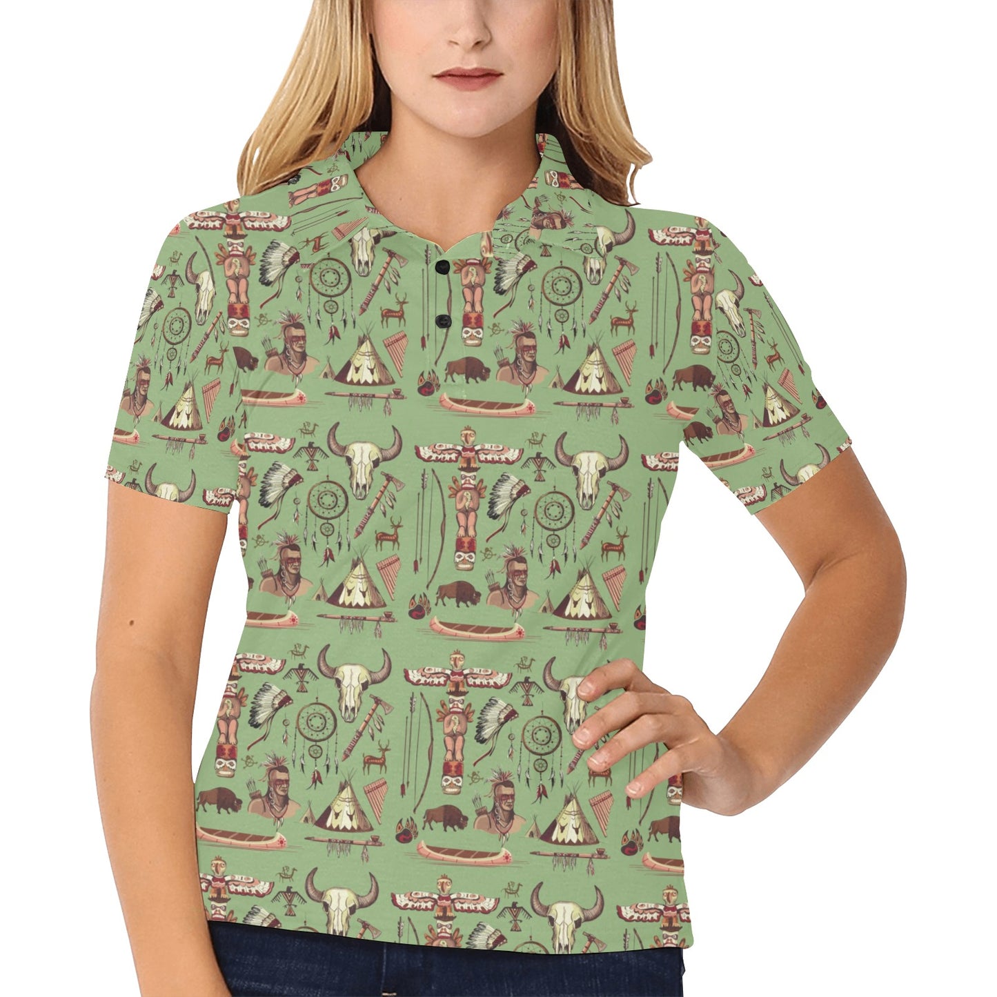 Native Indian Themed Design Print Women's Polo Shirt