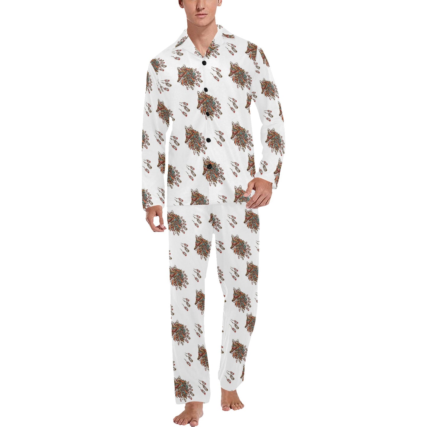 Aztec Wolf Pattern Print Design 02 Men's Long Pajama Set