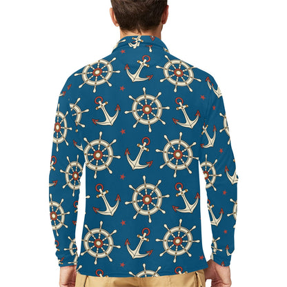 Anchor Pattern Print Design 02 Long Sleeve Polo Shirt For Men's