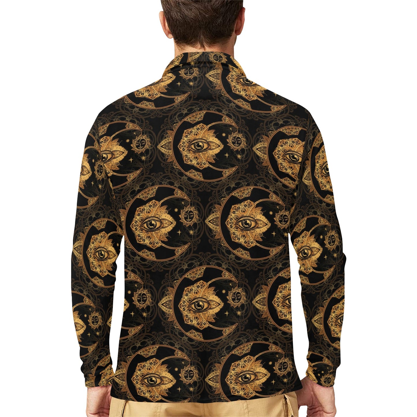 Sun Moon mandala Third eye Long Sleeve Polo Shirt For Men's