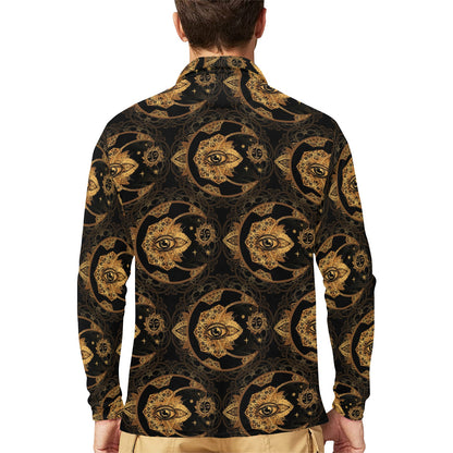 Sun Moon mandala Third eye Long Sleeve Polo Shirt For Men's