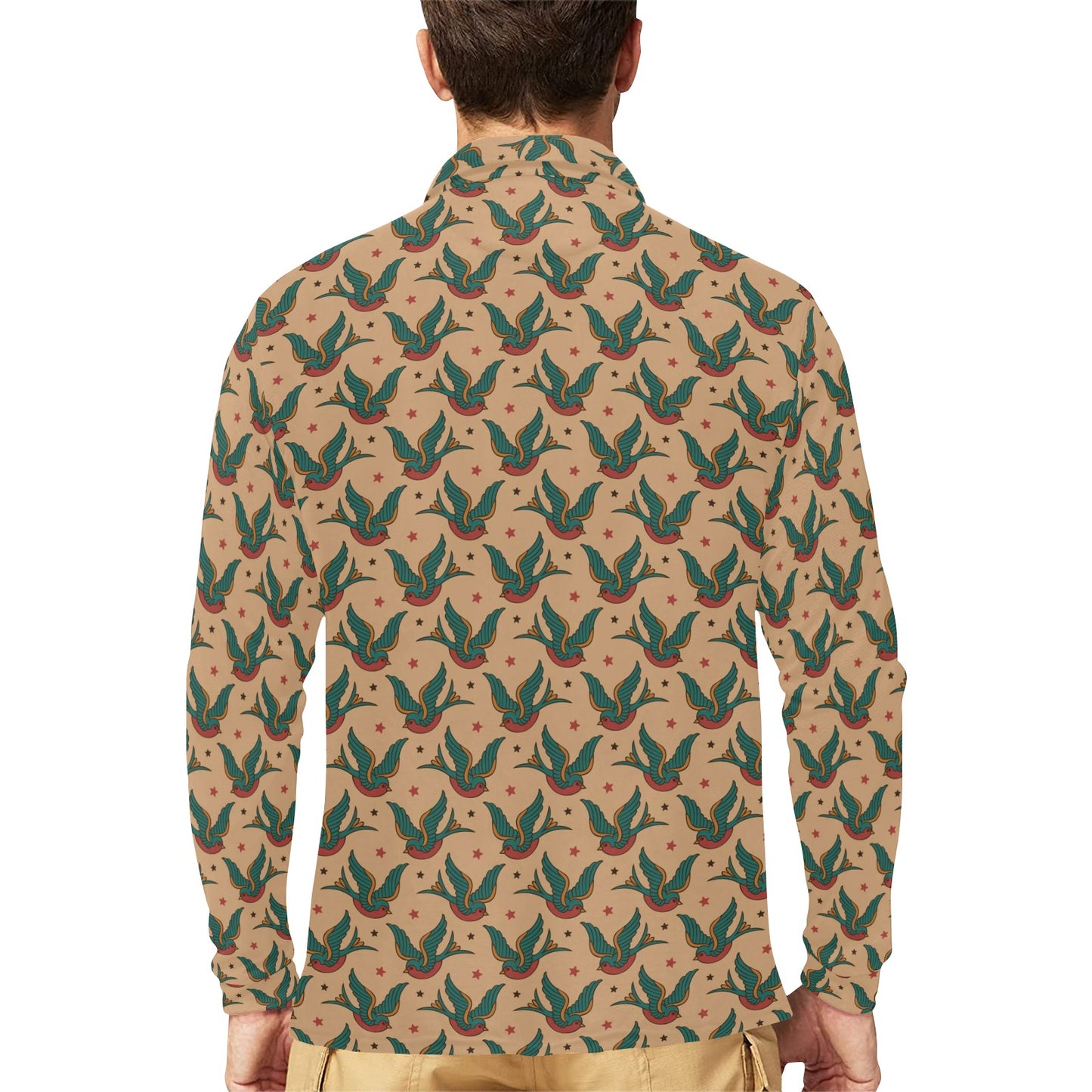 Old School Tattoo Swallow Design Long Sleeve Polo Shirt For Men's