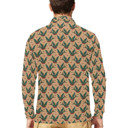 Old School Tattoo Swallow Design Long Sleeve Polo Shirt For Men's
