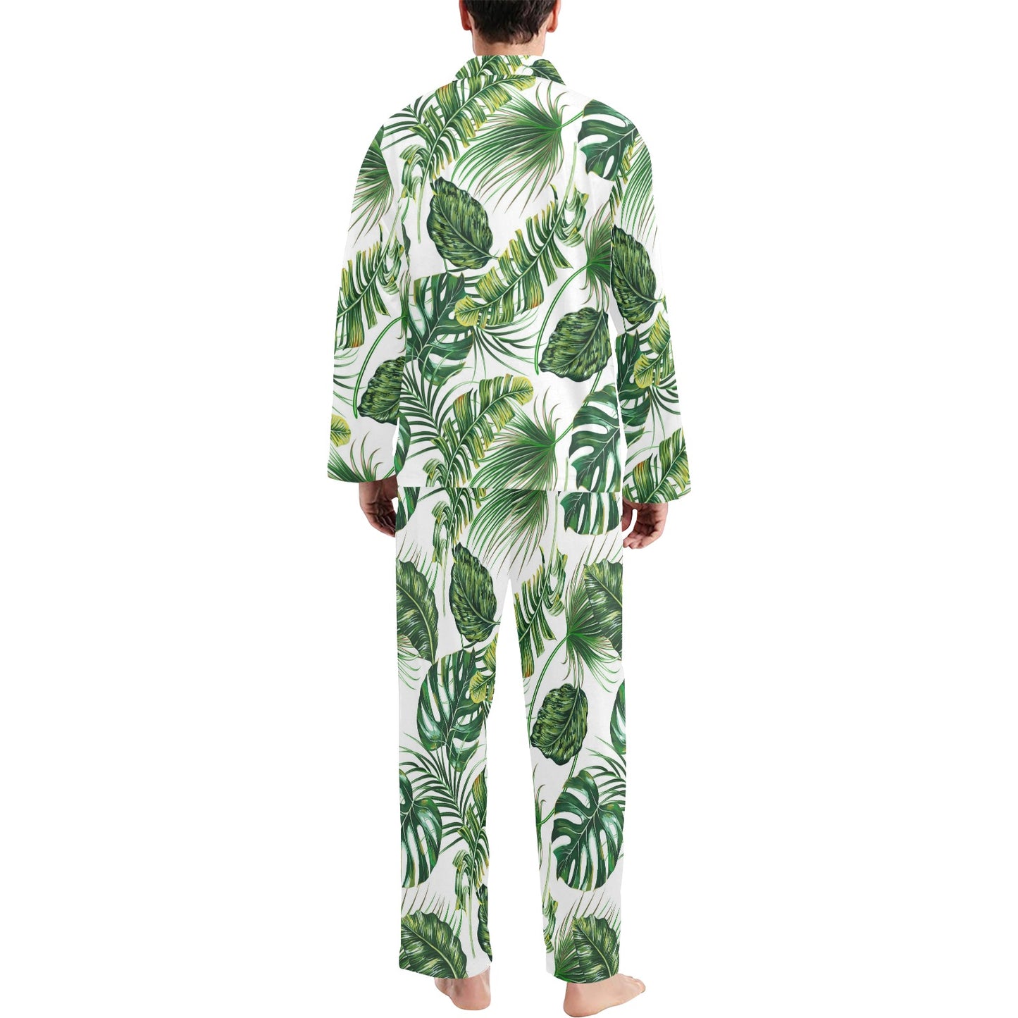 Green Pattern Tropical Palm Leaves Men's Long Pajama Set