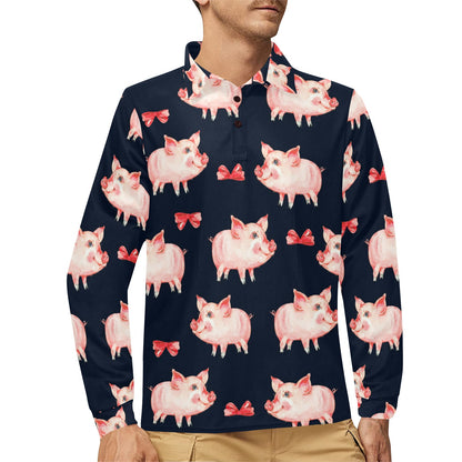 Pig Cute Pattern Print Design 02 Long Sleeve Polo Shirt For Men's