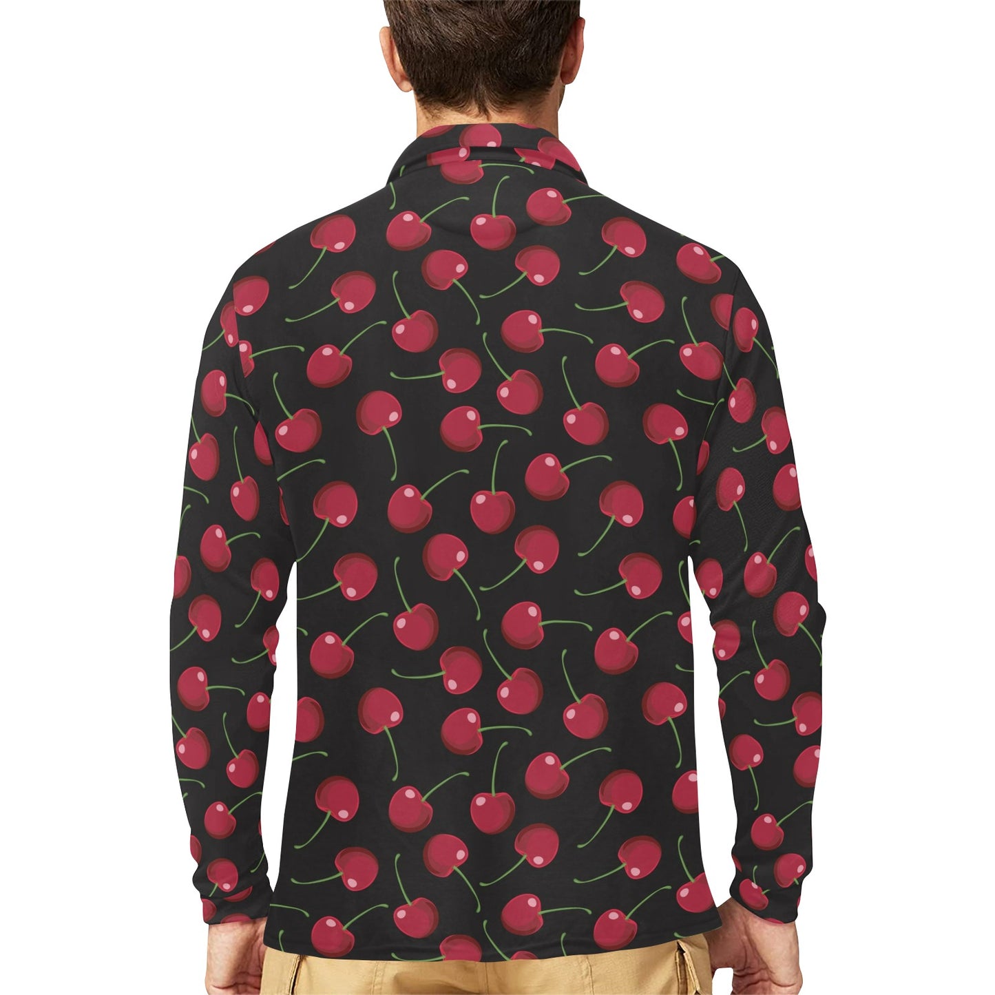 Cherry Black Background Long Sleeve Polo Shirt For Men's