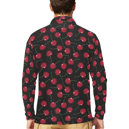 Cherry Black Background Long Sleeve Polo Shirt For Men's