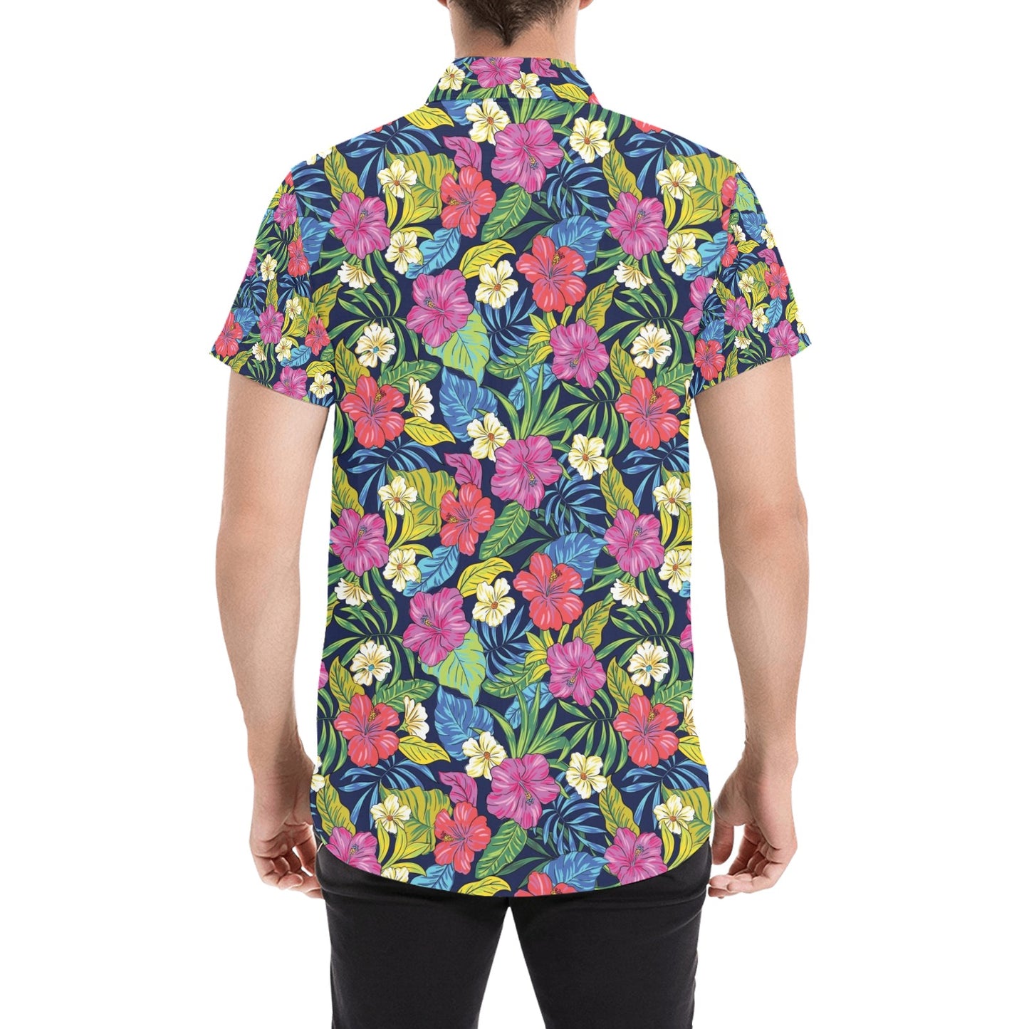Hibiscus Print Design LKS3010 Men Short Sleeve Button Up Shirt