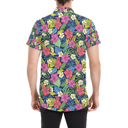 Hibiscus Print Design LKS3010 Men Short Sleeve Button Up Shirt