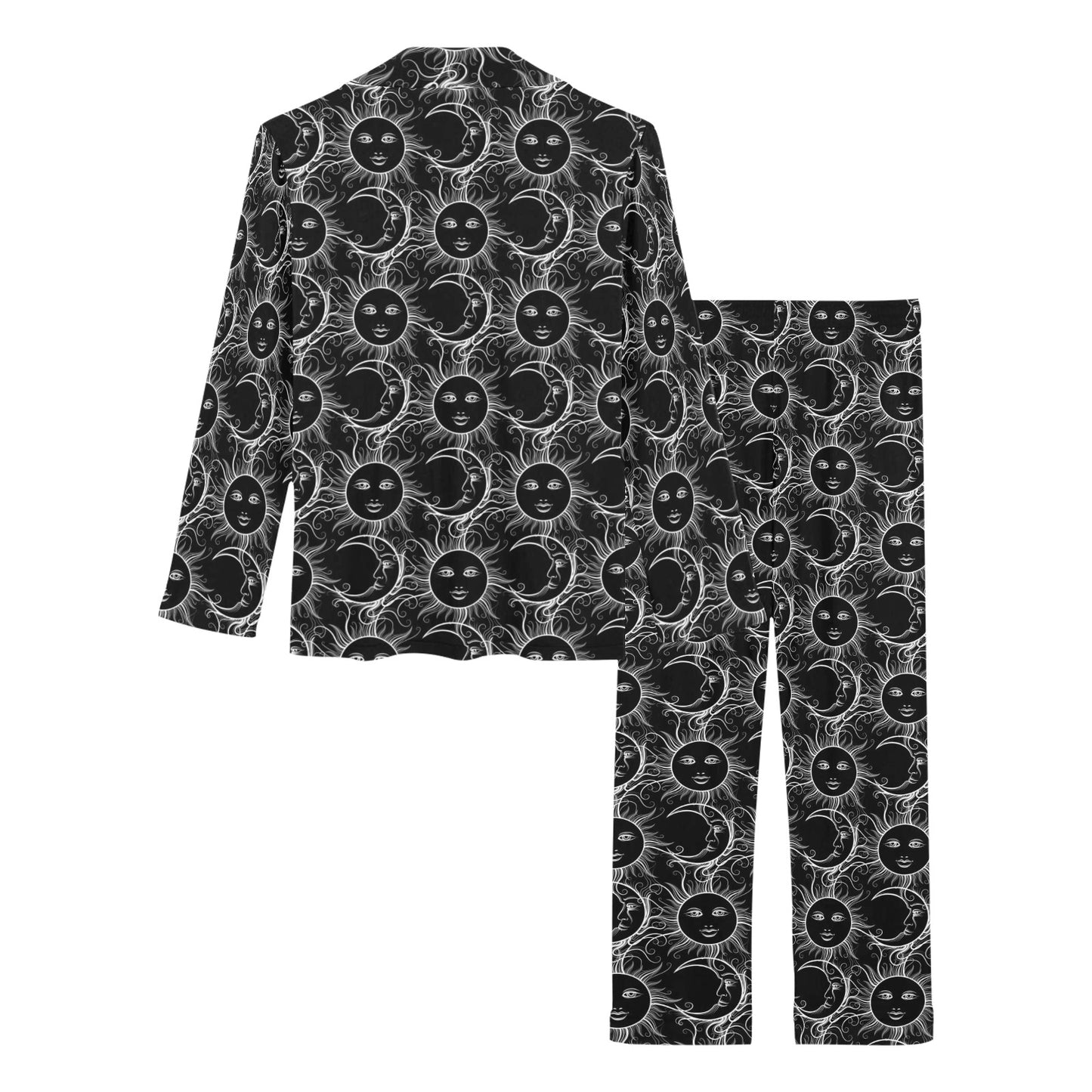 Sun Moon White Design Themed Print Women's Long Pajama Set