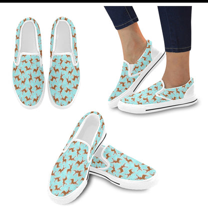 Reindeer Print Design LKS403 White Slip Ons Canvas Women's Shoes