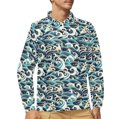 Surf Wave Pattern Long Sleeve Polo Shirt For Men's