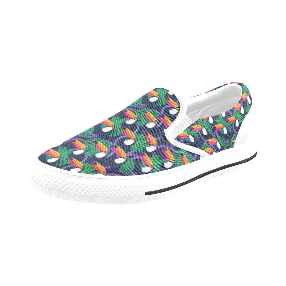 Toucan Print Design LKS302 White Slip Ons Canvas Women's Shoes