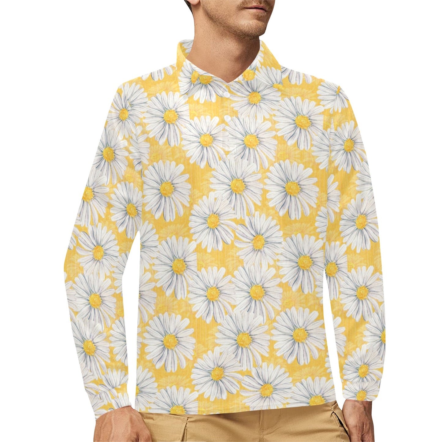 Daisy Yellow Watercolor Print Pattern Long Sleeve Polo Shirt For Men's