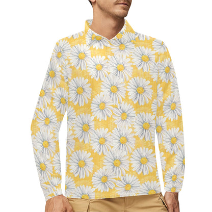 Daisy Yellow Watercolor Print Pattern Long Sleeve Polo Shirt For Men's
