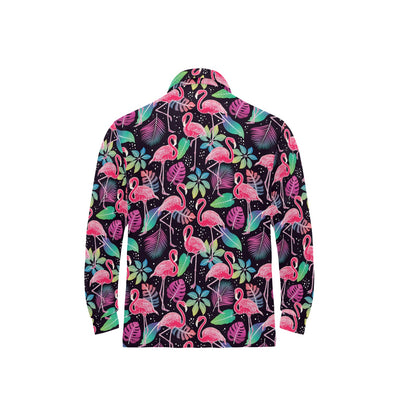 Flamingo Tropical leaves Neon Print Long Sleeve Polo Shirt For Men's