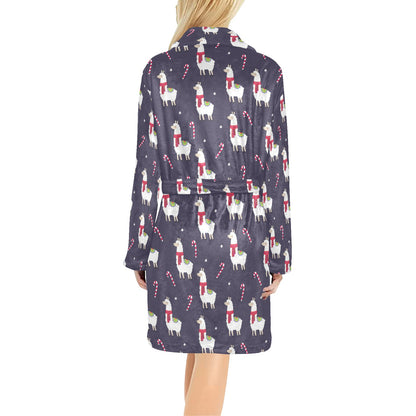Llama with Candy Cane Themed Print Women's Fleece Robe