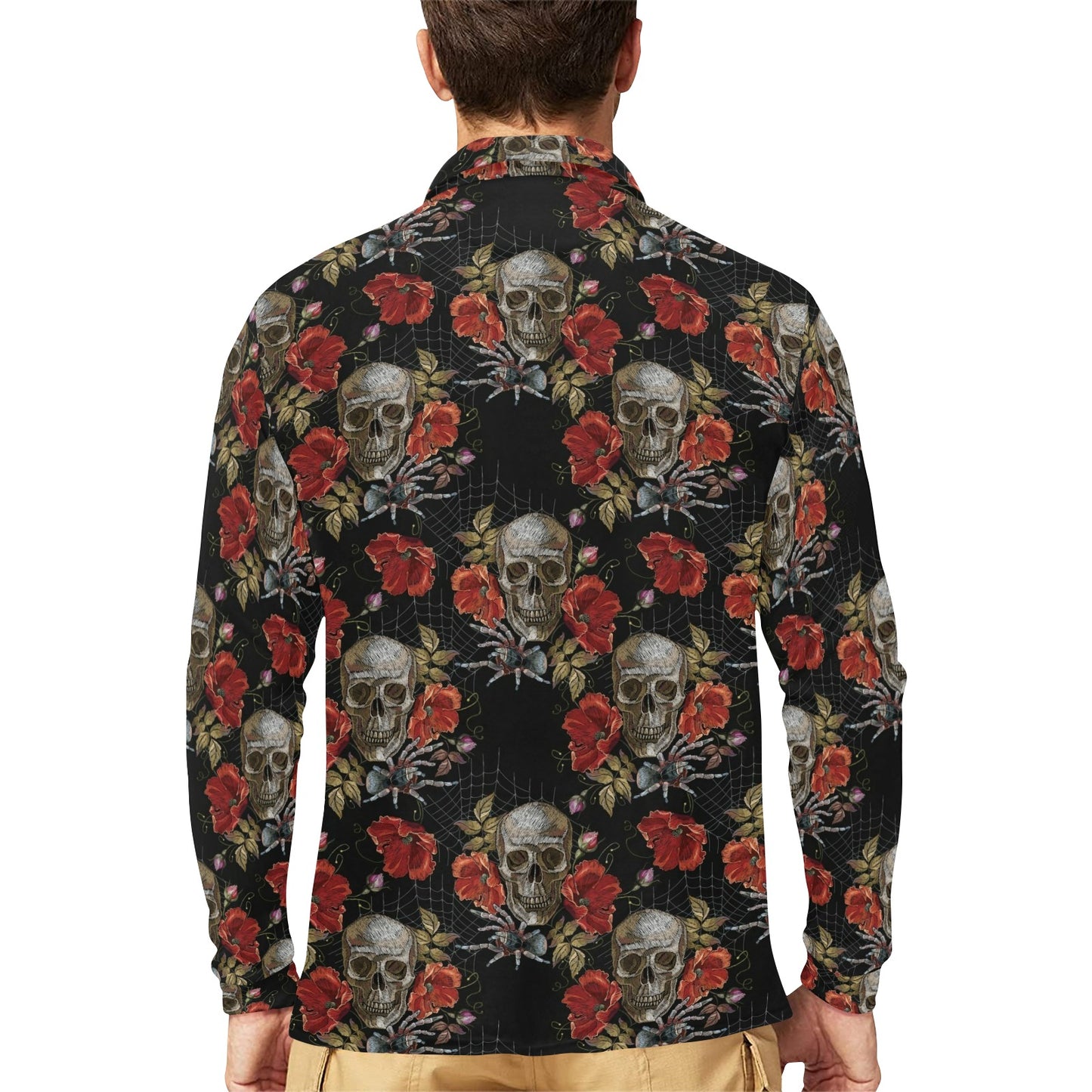 Spider Web Skull Rose Print Design LKS305 Long Sleeve Polo Shirt For Men's