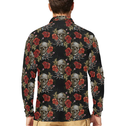 Spider Web Skull Rose Print Design LKS305 Long Sleeve Polo Shirt For Men's